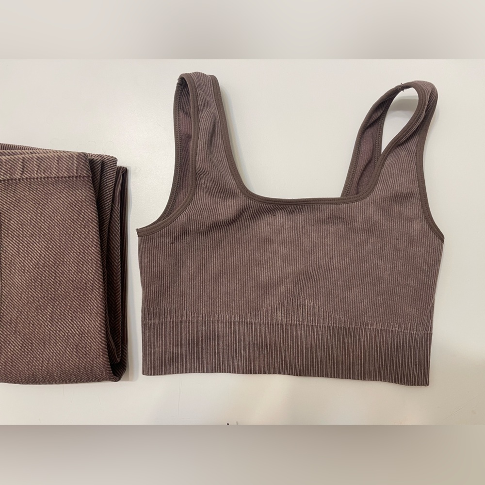 Brown Ribbed Tank Top and Leggings Set